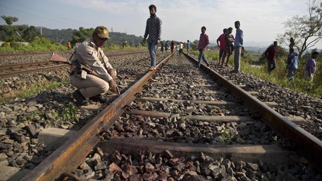 A forest official points to the spot where the train hit rammed into the Asian elephants. The train was reportedly exceeding speed limit norms near elephant habitat and corridors. (Anupam Nath / AP) A forest official points to the spot where the train hit rammed into the Asian elephants. The train was reportedly exceeding speed limit norms near elephant habitat and corridors. (Anupam Nath / AP)