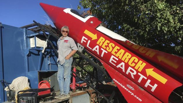 Daredevil/limousine driver Mad Mike Hughes is shown with his steam-powered rocket on a five-acre property that he leases in Apple Valley, California. (AP Photo) Daredevil/limousine driver Mad Mike Hughes is shown with his steam-powered rocket on a five-acre property that he leases in Apple Valley, California. (AP Photo)