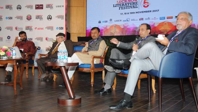 Guru Prakash , Justice Haider Raza , Surendra Rajput , Sudhanshu Trivedi, Gen (retd) H. Kakar Lucknow Literature Festival in Lucknow. (Subhankar Chakraborty/HT PHOTO) Guru Prakash , Justice Haider Raza , Surendra Rajput , Sudhanshu Trivedi, Gen (retd) H. Kakar Lucknow Literature Festival in Lucknow. (Subhankar Chakraborty/HT PHOTO)