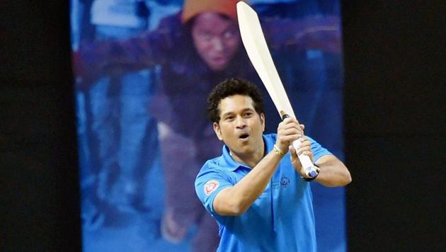 Sachin Tendulkar plays a shot during a friendly match of adolescent cricketers on World Children's Day in New Delhi.(PTI)
