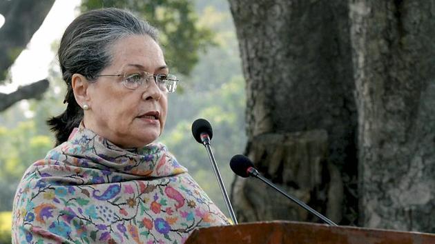 Congress president Sonia Gandhi speaks at a function to mark the 100th birth anniversary of late prime minister Indira Gandhi on Sunday. Sonia has been Congress president since 1998.(PTI)