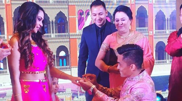 Sunil Chhetri, Indian football captain, during his engagement with Sonam Bhattacharya.(Facebook)