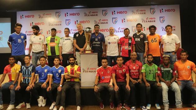 I-League teams’ coaches and players during the launch of the 2017-18 edition in New Delhi on Tuesday.(AIFF)