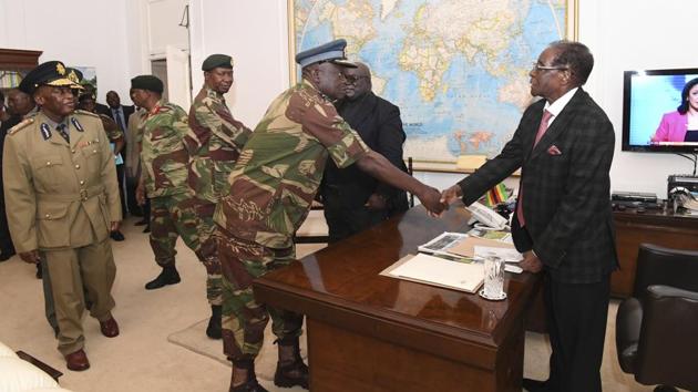President Robert Mugabe meets with senior members of the Zimbabwe Defence Forces and police at State House in Harare, Zimbabwe on November 19, 2017. In a televised address that night, the 93-year-old president flouted expectations he would step down after the takeover, blithely declaring that he would chair a top-level meeting of the party that had just disavowed him. (AP) President Robert Mugabe meets with senior members of the Zimbabwe Defence Forces and police at State House in Harare, Zimbabwe on November 19, 2017. In a televised address that night, the 93-year-old president flouted expectations he would step down after the takeover, blithely declaring that he would chair a top-level meeting of the party that had just disavowed him. (AP)
