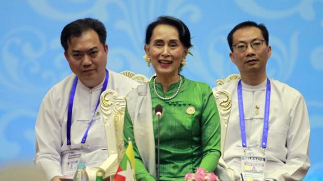Myanmar's State Counsellor and Foreign Minister Aung San Suu Kyi, center, smiles during the closing ceremony of the Asia Europe Foreign Ministers (ASEM) at Myanmar International Convention Centre (MICC) Tuesday in Naypyitaw. (AP) Myanmar's State Counsellor and Foreign Minister Aung San Suu Kyi, center, smiles during the closing ceremony of the Asia Europe Foreign Ministers (ASEM) at Myanmar International Convention Centre (MICC) Tuesday in Naypyitaw. (AP)