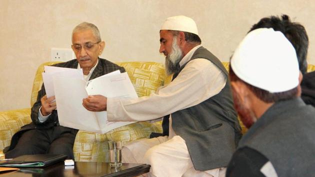 Centre's special representative for Kashmir, Dineshwar Sharma, in a meeting with delegations in Jammu in October 2017.(PTI Photo)