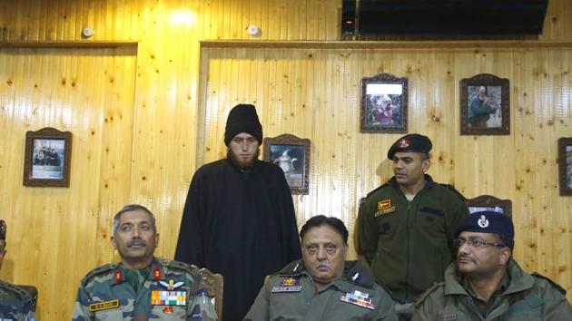 Majid Khan being presented by the army before the media during a press conference in Awantipora on Friday. (Waseem Andrabi/HT Photo) Majid Khan being presented by the army before the media during a press conference in Awantipora on Friday. (Waseem Andrabi/HT Photo)
