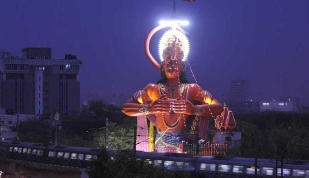 The illuminated statue of Lord Hanuman on the eve of Hanuman Jayanti at Karol Bagh in New Delhi. (Sonu Mehta/HT File Photo) The illuminated statue of Lord Hanuman on the eve of Hanuman Jayanti at Karol Bagh in New Delhi. (Sonu Mehta/HT File Photo)