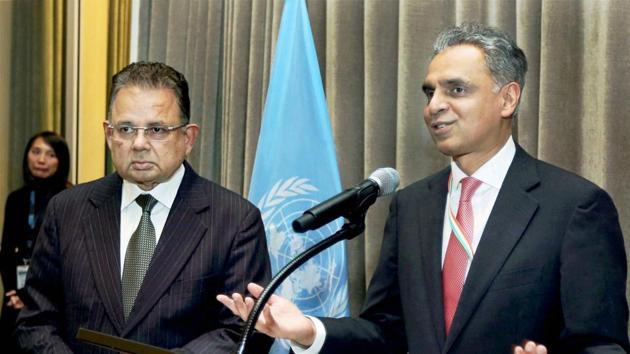 India's Permanent Representative to the United Nations Syed Akbaruddin speaks during a reception in the honour of Justice Dalveer Bhandari (L) at the United Nations in New York on Monday.(PTI Photo)