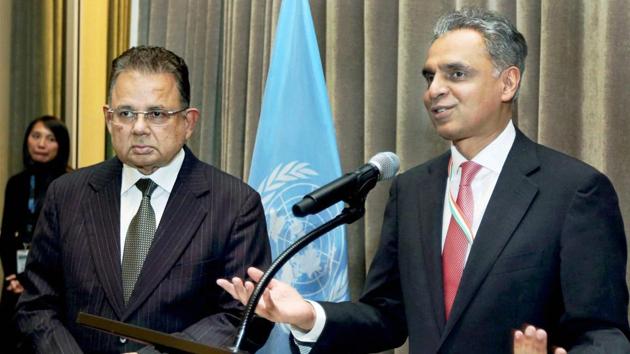 India's permanent representative to the United Nations, Syed Akbaruddin, speaks during a reception in honour of Dalveer Bhandari (left) at the UN in New York on November 20, 2017. Bhandari won the votes in the UN General Assembly to make it to the International Court of Justice after the UK pulled out of the race.(PTI) India's permanent representative to the United Nations, Syed Akbaruddin, speaks during a reception in honour of Dalveer Bhandari (left) at the UN in New York on November 20, 2017. Bhandari won the votes in the UN General Assembly to make it to the International Court of Justice after the UK pulled out of the race.(PTI)