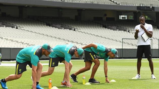 During the Gatorade Fastest Run, Usain Bolt was working with the Australian batsmen to improve their “explosiveness” off the mark. (Getty Images for Gatorade) During the Gatorade Fastest Run, Usain Bolt was working with the Australian batsmen to improve their “explosiveness” off the mark. (Getty Images for Gatorade)