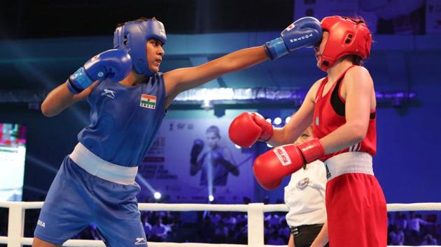 Shashi Chopra in action against Sandugash Abilkhan at the Women’s World Youth Boxing Championship. (AIBA) Shashi Chopra in action against Sandugash Abilkhan at the Women’s World Youth Boxing Championship. (AIBA)