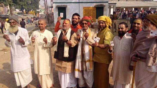 Residents after casting their votes in Ayodhya on Wednesday. Residents after casting their votes in Ayodhya on Wednesday.