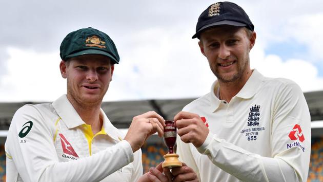 Australia's skipper Steve Smith (L) and England captain Joe Root hold a replica of the Ashes Urn as they pose at a media opportunity in Brisbane on November 22, 2017, ahead of the first Test at the Gabba. (AFP) Australia's skipper Steve Smith (L) and England captain Joe Root hold a replica of the Ashes Urn as they pose at a media opportunity in Brisbane on November 22, 2017, ahead of the first Test at the Gabba. (AFP)