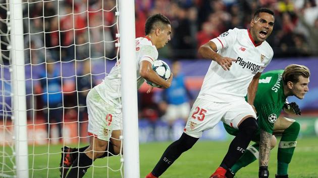 Sevilla's French forward Wissam Ben Yedder (L) reacts after scoring a goal on Tuesday. (AFP) Sevilla's French forward Wissam Ben Yedder (L) reacts after scoring a goal on Tuesday. (AFP)