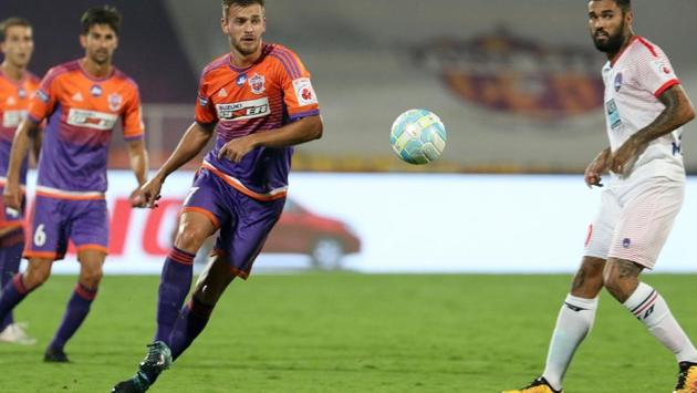 FC Pune City reduced the gap to 2-3 in added time, but by then it was too late as Delhi pocketed three points from the away tie. (ISL / SPORTZPICS) 