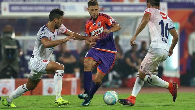 Emiliano Alfaro (centre) pulled one back for Pune City in the 67th minute. (ISL / SPORTZPICS) Emiliano Alfaro (centre) pulled one back for Pune City in the 67th minute. (ISL / SPORTZPICS)