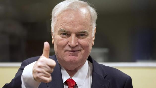 Bosnian Serb military chief Ratko Mladic thumbs up as he enters the International Criminal Tribunal for the former Yugoslavia (ICTY), on November 22, 2017, to hear the verdict in his genocide trial. (AFP) Bosnian Serb military chief Ratko Mladic thumbs up as he enters the International Criminal Tribunal for the former Yugoslavia (ICTY), on November 22, 2017, to hear the verdict in his genocide trial. (AFP)