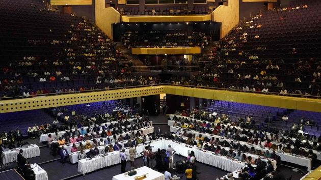 Zimbabwean Senators and Members of Parliament gather for the general session of parliament and senate at the Rainbow Tower Conference Center in Harare on Tuesday. (AFP) Zimbabwean Senators and Members of Parliament gather for the general session of parliament and senate at the Rainbow Tower Conference Center in Harare on Tuesday. (AFP)