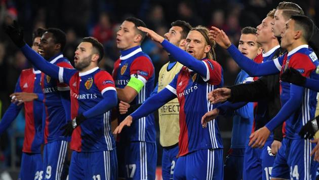 FC Basel players celebrate after defeating Manchester United in Basel. (AFP) FC Basel players celebrate after defeating Manchester United in Basel. (AFP)