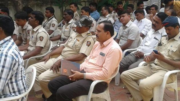 Policemen from one of the eight stations chosen for the workshop, attending a session during the Juvenile Justice Act training-cum-awareness programme on Wednesday.(HT PHOTO) Policemen from one of the eight stations chosen for the workshop, attending a session during the Juvenile Justice Act training-cum-awareness programme on Wednesday.(HT PHOTO)