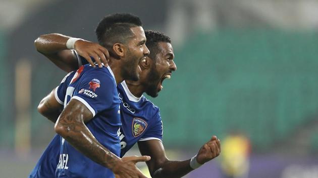 Raphael Augusto (L) celebrates his goal vs NorthEast United FC in their Indian Super League encounter. Chennaiyin FC won 3-0. (ISL/SPORTZPICS) Raphael Augusto (L) celebrates his goal vs NorthEast United FC in their Indian Super League encounter. Chennaiyin FC won 3-0. (ISL/SPORTZPICS)