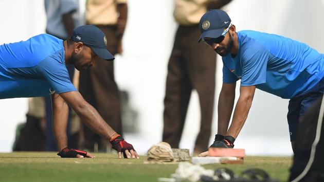 Cheteshwar Pujara (L) and Ajinkya Rahane inspect the pitch during training. Both will be key members of the Indian batting line up. (AFP) Cheteshwar Pujara (L) and Ajinkya Rahane inspect the pitch during training. Both will be key members of the Indian batting line up. (AFP)