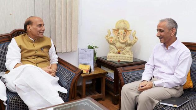 Dineshwar Sharma, representative of the government of India to initiate dialogue in Jammu and Kashmir, with home minister Rajnath Singh (PTI) Dineshwar Sharma, representative of the government of India to initiate dialogue in Jammu and Kashmir, with home minister Rajnath Singh (PTI)