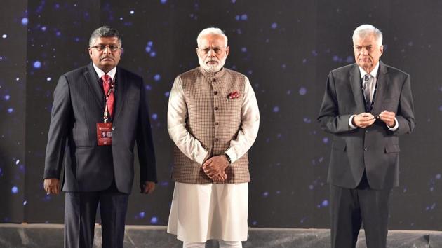 Prime Minister Narendra Modi, electronics and IT minister Ravi Shankar Prasad and Sri Lankan Prime Minister Ranil Wickremesinghe during the inauguration of the fifth edition of the Global Conference on Cyber Space in New Delhi on Wednesday. (PTI Photo) Prime Minister Narendra Modi, electronics and IT minister Ravi Shankar Prasad and Sri Lankan Prime Minister Ranil Wickremesinghe during the inauguration of the fifth edition of the Global Conference on Cyber Space in New Delhi on Wednesday. (PTI Photo)
