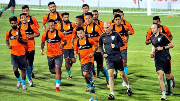 The Indian football team during a practice session.(PTI)