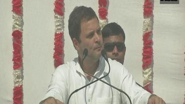 Congress vice president Rahul Gandhi speaks at a rally in Porbandar.(ANI)