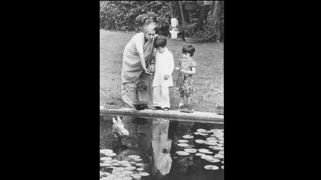 Once her grandchildren Rahul and Priyanka were born, Indira Gandhi spent a lot of time with them at home, especially in the garden by the lotus pond. This photograph dates back to around 1975. (Paul Saltzman) Once her grandchildren Rahul and Priyanka were born, Indira Gandhi spent a lot of time with them at home, especially in the garden by the lotus pond. This photograph dates back to around 1975. (Paul Saltzman)