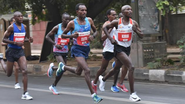Participants take part in the Airtel Delhi Half Marathon at JLN Stadium in New Delhi on Sunday, November 19, 2017. (Sanchit Khanna / HT PHOTO) Participants take part in the Airtel Delhi Half Marathon at JLN Stadium in New Delhi on Sunday, November 19, 2017. (Sanchit Khanna / HT PHOTO)