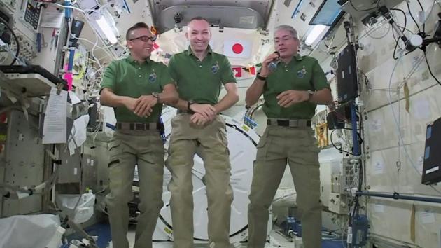 A bit higher up in space, NASA astronauts Joe Acaba (L), Randy Bresnik (C), and Mark Vande Hei along with their international crewmates feasted on pouches of Thanksgiving turkey and single-serving bags of sides aboard the International Space Station. (AP) A bit higher up in space, NASA astronauts Joe Acaba (L), Randy Bresnik (C), and Mark Vande Hei along with their international crewmates feasted on pouches of Thanksgiving turkey and single-serving bags of sides aboard the International Space Station. (AP)