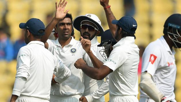 Ravichandran Ashwin took four wickets on Day 1 of the second India vs Sri Lanka Test in Nagpur on Friday. Catch full cricket score of India vs Sri Lanka, 2nd Test, Day 1, Nagpur here.(AFP)