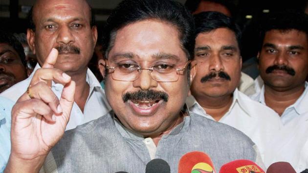 Madurai:AIADMK (Amma) deputy general secretary TTV Dhinakaran, along with his supporters, addressing a press conference in Madurai on Monday. PTI Photo(PTI9_12_2017_000052B)(PTI)