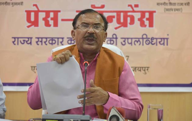 Rajasthan education minister Vasudev Devnani speaks to media persons at a press conference in Jaiupr on Friday. (Prabhakar Sharma/HT Photo) Rajasthan education minister Vasudev Devnani speaks to media persons at a press conference in Jaiupr on Friday. (Prabhakar Sharma/HT Photo)