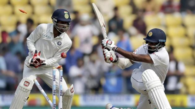 Lahiru Thirimane also departed early to leave Sri Lanka struggling in the first session. (AP) Lahiru Thirimane also departed early to leave Sri Lanka struggling in the first session. (AP)