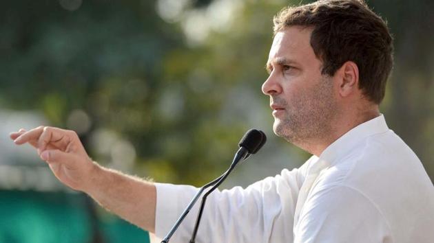 Congress vice-president Rahul Gandhi addresses a rally in Ahmedabad on Friday.(PTI Photo)