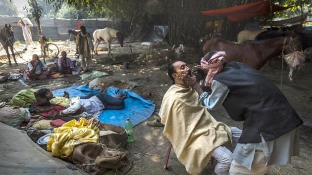 A horse trader gets a quick shave at the cattle camp at Sonepur Mela. (Pratik Chorge / HT Photo)