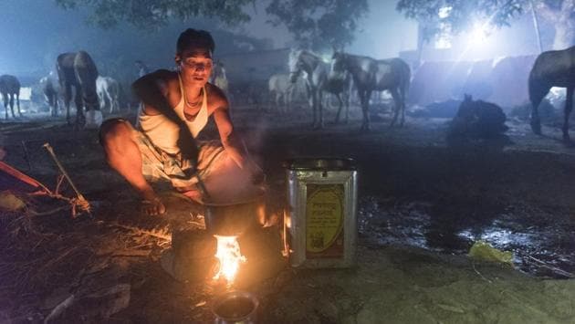 Sanjay Ram, a horse trader from Khagariya, Bihar cooks dinner inside the cattle camp at Sonepur Mela. According to most traders, buyers look at the legs, mouth and forehead of a horse to gauge its health and age. (Pratik Chorge / HT Photo)