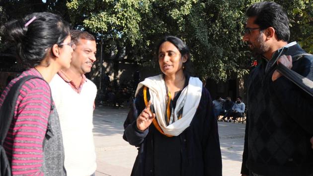 Women’s rights activist Kavita Krishnan interacting with PU students on Friday. (Anil Dayal/HT) Women’s rights activist Kavita Krishnan interacting with PU students on Friday. (Anil Dayal/HT)