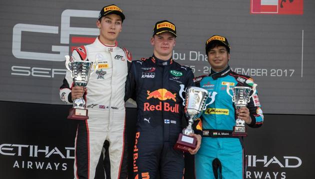 Arjun Maini (R) finished third in the GP3 race held at the Yas Marina Circuit in Abu Dhabi on Saturday. (HT Photo) Arjun Maini (R) finished third in the GP3 race held at the Yas Marina Circuit in Abu Dhabi on Saturday. (HT Photo)
