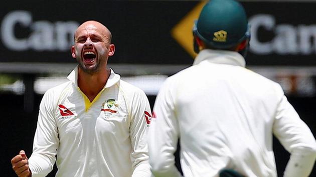 Nathan Lyon celebrates with team mates after dismissing Chris Woakes during the first Ashes 2017-18 Test between Australia and England in Brisbane.(REUTERS) Nathan Lyon celebrates with team mates after dismissing Chris Woakes during the first Ashes 2017-18 Test between Australia and England in Brisbane.(REUTERS)