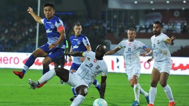 Bengaluru FC’s Sunil Chhetri scored in their first Indian Super League (ISL) match against Mumbai City FC. (AFP) Bengaluru FC’s Sunil Chhetri scored in their first Indian Super League (ISL) match against Mumbai City FC. (AFP)