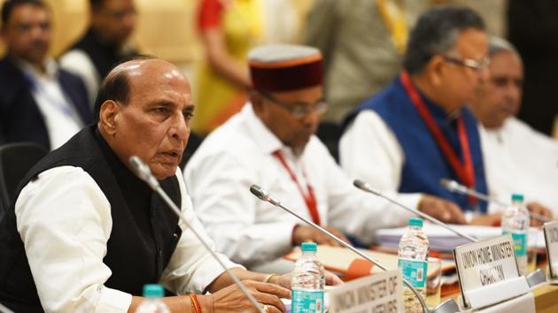 Union home minister Rajnath Singh (L) during the 12th standing committee meeting of the Inter-State Council in New Delhi on Saturday. (Raj K Raj/HT Photo) Union home minister Rajnath Singh (L) during the 12th standing committee meeting of the Inter-State Council in New Delhi on Saturday. (Raj K Raj/HT Photo)