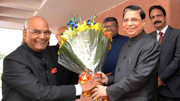 President Ram Nath Kovind (L) being greeted by Chief Justice of India Justice Dipak Misra at the inauguration of the Constitution Day celebrations at Vigyan Bhavan in New Delhi on Sunday. (PTI) President Ram Nath Kovind (L) being greeted by Chief Justice of India Justice Dipak Misra at the inauguration of the Constitution Day celebrations at Vigyan Bhavan in New Delhi on Sunday. (PTI)