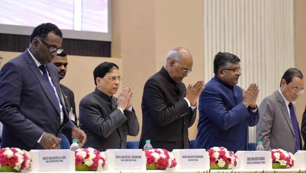 President Ram Nath Kovind with Chief Justice of India Dipak Misra, Union law minister Ravi Shankar Prasad and others at the inauguration of the Constitution Day Celebrations at Vigyan Bhavan in New Delhi on Sunday. (PTI) President Ram Nath Kovind with Chief Justice of India Dipak Misra, Union law minister Ravi Shankar Prasad and others at the inauguration of the Constitution Day Celebrations at Vigyan Bhavan in New Delhi on Sunday. (PTI)