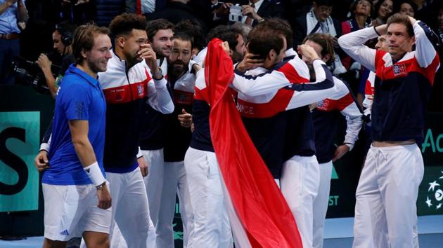 France celebrate winning the Davis Cup title after beating Belgium 3-2 in the final in Lille. (Reuters) France celebrate winning the Davis Cup title after beating Belgium 3-2 in the final in Lille. (Reuters)