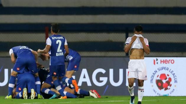 Bengaluru, however, hit the final coffin in Delhi’s coffin with a strike from Miku. (ISL / SPORTZPICS) Bengaluru, however, hit the final coffin in Delhi’s coffin with a strike from Miku. (ISL / SPORTZPICS)